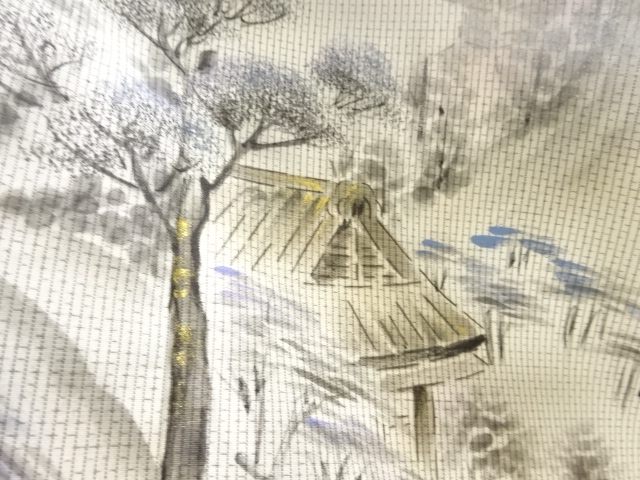 アンティーク　作家物　手描き山小屋風景模様本場大島紬着物